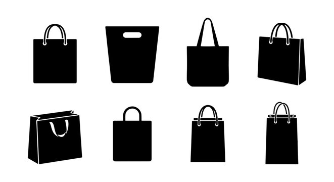 Shopping bag silhouettes collection, 8 black retail paper bag icons, minimalist grocery and fashion tote bag vector set for commerce