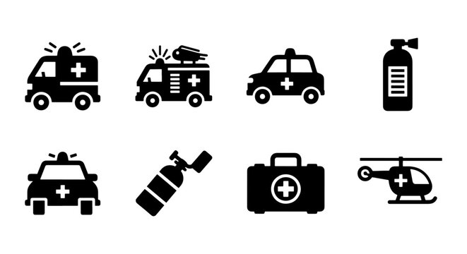 Emergency medical services icon set, black ambulance and rescue vehicle silhouettes, 8 first aid and paramedic vector elements for healthcare apps