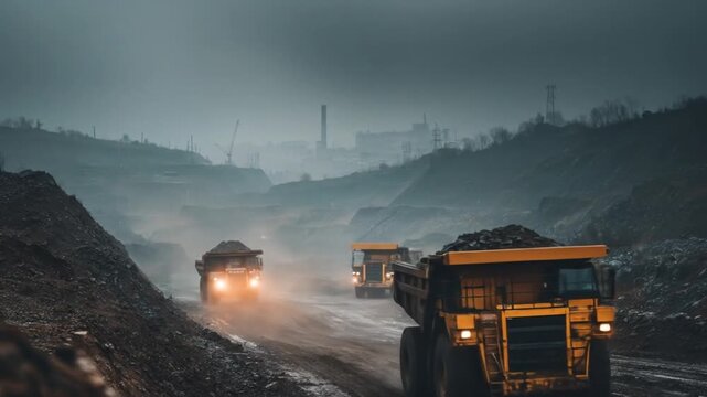Heavy trucks transport materials on a dusty road in a natural environment
