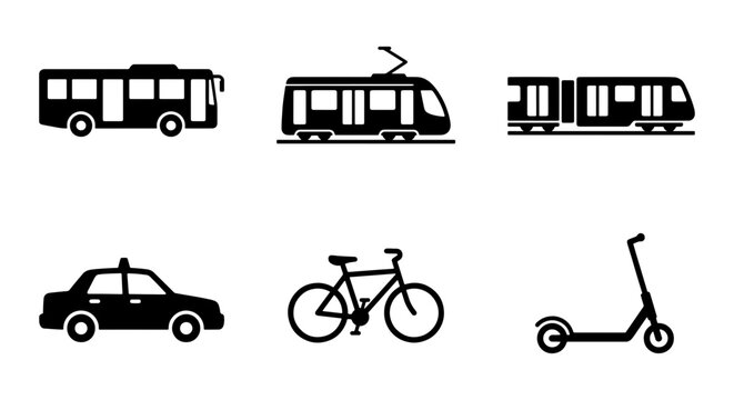 Public transport icons set, black silhouette city transportation symbols, collection of 6 vector elements including bus, train, taxi, and bicycle