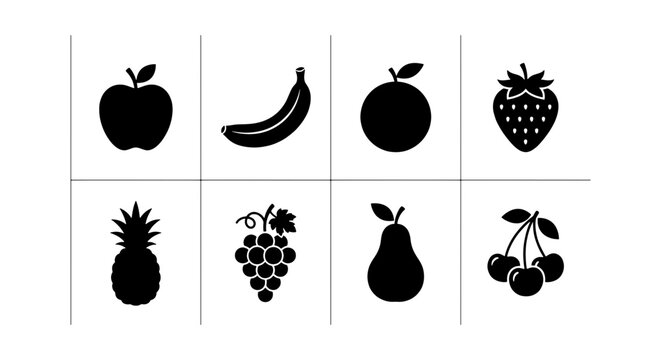 Minimalist fruit icon set, 8 black silhouette fruit symbols, flat vector illustrations of apple banana orange strawberry pineapple grapes pear and cherry