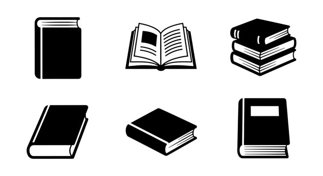 Minimalist book icon set, black and white library symbols, collection of 6 vector book illustrations for education and reading