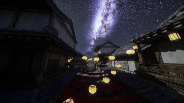 Lantern lit steps ascending under galaxy, red carpet runners and paper lanterns guide upward, ornate railings and timber architecture frame vertical