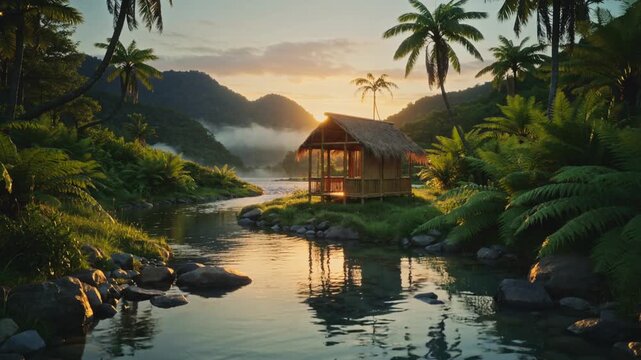 Serene tropical hut by a river at sunset