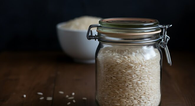 Detailed texture of white rice in an airtight glass jar, clean minimal aesthetic, soft natural lighting