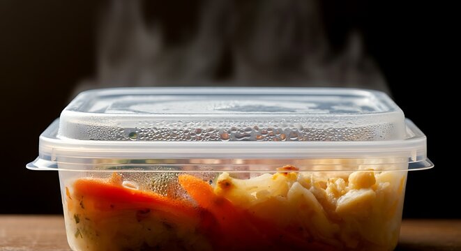 Macro shot of an airtight plastic container with leftovers, steaming hot look (implied), clear lid with condensation