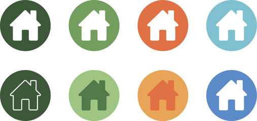 Fototapeta premium Web home icon set, modern house and homepage symbols in circle with filled thin line outline and stroke variations for user interface and web design.