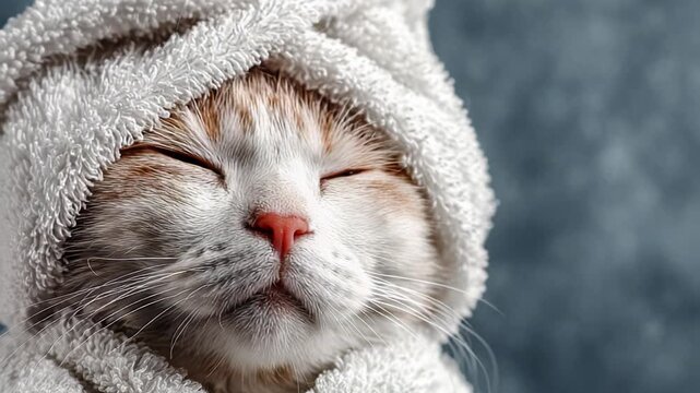 Adorable ginger cat peacefully sleeping wrapped in a soft, white knitted towel, evoking feelings of comfort and warmth against a solid gray background.
