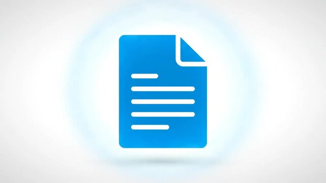 Creative animated blue document icon on white background with lines to represent text information for digital content