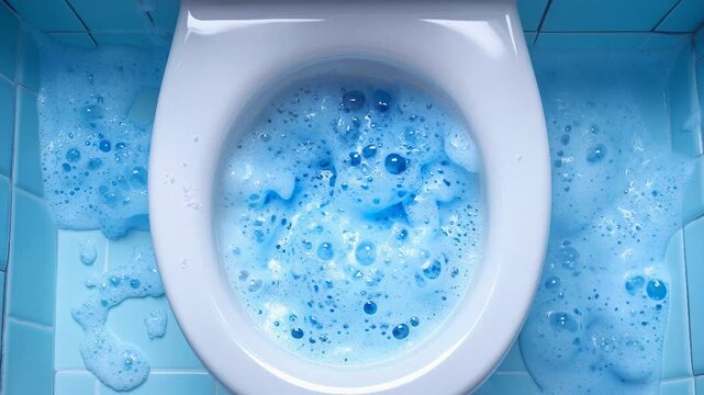 White ceramic toilet overflowing with blue bubbling cleaning foam onto a tiled bathroom floor
