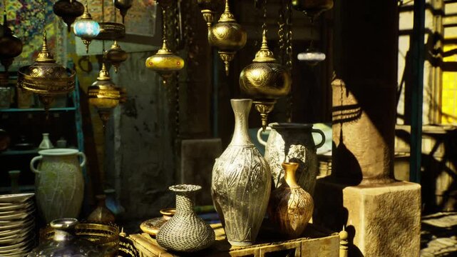Closeup hammered brass vase showing egyptian craftsmanship, textured surface glinting with golden highlights, tools and blurred shelves in background, intimate