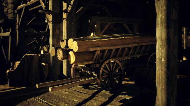 Moody mill interior under warm lights, deep shadows pooling between belts and chutes, subtle highlights carve form from darkness, atmospheric composition