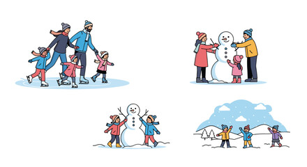 Fototapeta premium Collection of scenes showing people enjoying winter activities such as ice skating, building a snowman, and playing in snow.