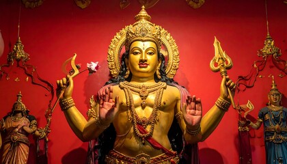 Fototapeta premium Golden multi-armed figure stands before a vibrant red backdrop with intricate detail and surrounding smaller statues