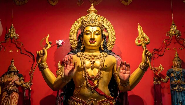 Golden multi-armed figure stands before a vibrant red backdrop with intricate detail and surrounding smaller statues