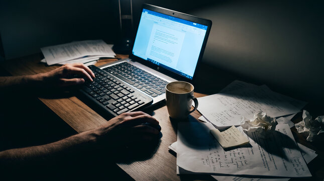 Close up of hands typing on keyboard and using mouse at night, laptop screen illuminating messy desk with papers and coffee, concept of late night work, deadline, research and creative writing