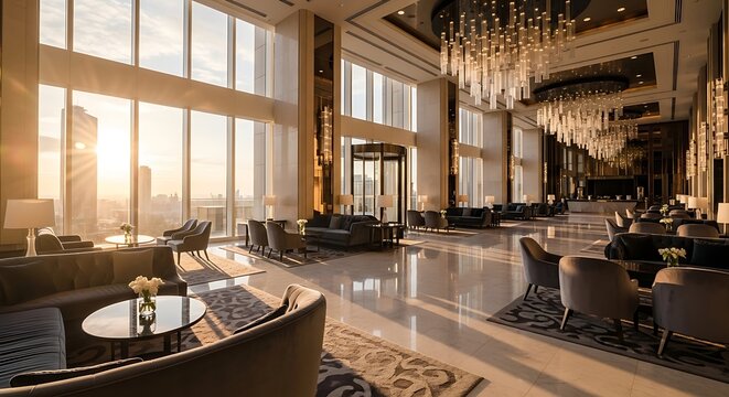 Luxury Hotel Lobby Interior with Golden Hour Sunlight and Modern Design