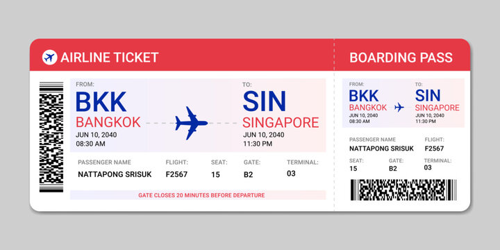 Realistic boarding pass, plane ticket template. Flight boarding pass vector illustration. Blank airplane ticket isolated	