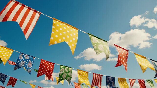 Colorful patterned party flags hanging under bright blue sky