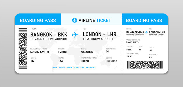 Airline ticket design for international air travel and tourism, Boarding pass vector with passenger information