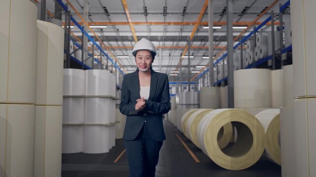 Front View of Asian Businesswoman Walking and Speech at Warehouse with Rows of Stacked White Polymer and Paper Rolls