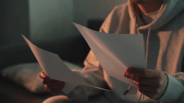 Close-up of white documents being read in dark room. Important papers, notes, script, or information review. Concept of analysis, journalism, investigation, reading documents, and decision making with