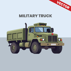 Obraz premium Big Military Supply Truck Side View Army Logistics Vehicle in Green Camouflage Color Heavy Duty Transport for Infantry and Equipment Vector Illustration Isolated on Minimal Background