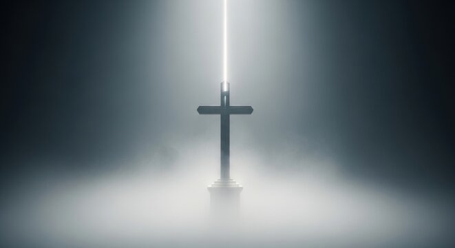 Mystical Cross Shrouded in Mist with Beam of Light