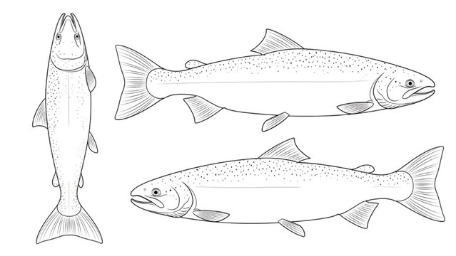 Salmon Line Art Vector Set Front Side Three Quarter Views Clean Outline Fish Illustration