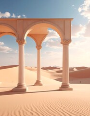 Fototapeta premium Classic architectural columns frame desert sand dunes under a bright blue sky