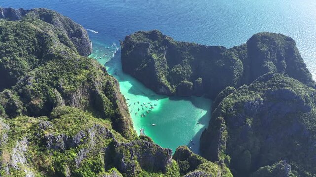 Aerial view of Maya bay and Pileh lagoon in Phi phi island, Thailand.