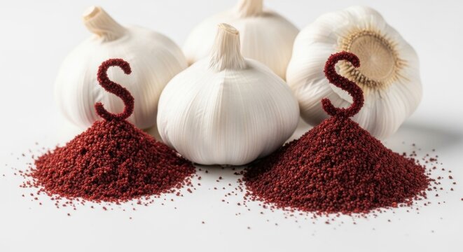 Fresh Garlic with Red Grain Sacks on White Surface