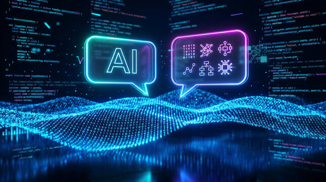 Futuristic ai chat bot digital composition featuring two sleek holographic chat bubbles