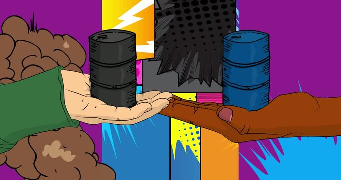 Cartoon, comic book human hands holding Oil Barrel. Retro video, comics pop art animation.