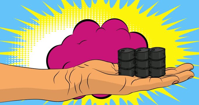 Cartoon, comic book human hands holding Oil Barrel. Retro video, comics pop art animation.