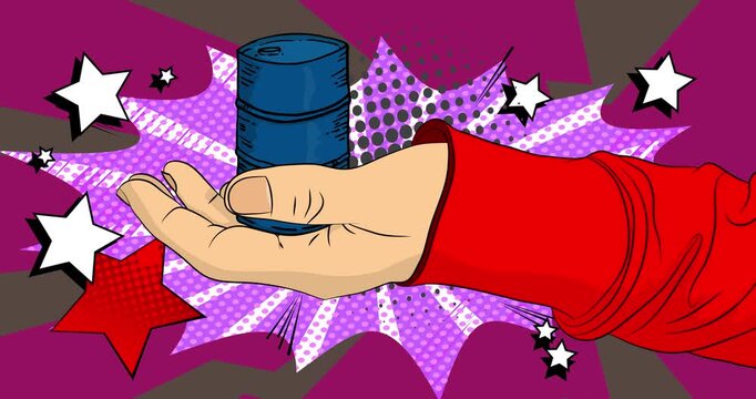 Cartoon, comic book human hands holding Oil Barrel. Retro video, comics pop art animation.