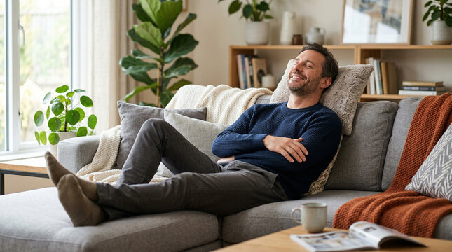 Cheerful man relaxing on sofa in living room at home, having rest after work