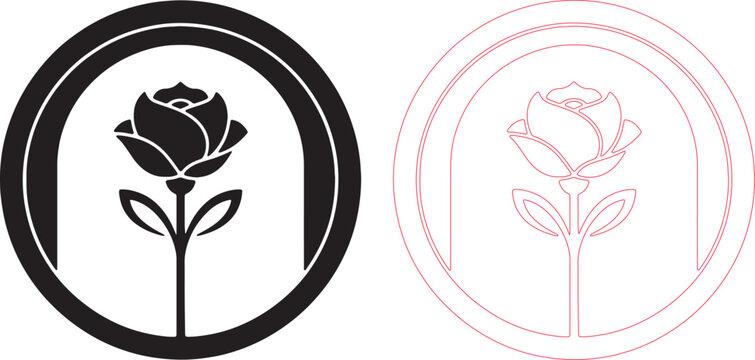 Black and red rose silhouettes in circular badges flower