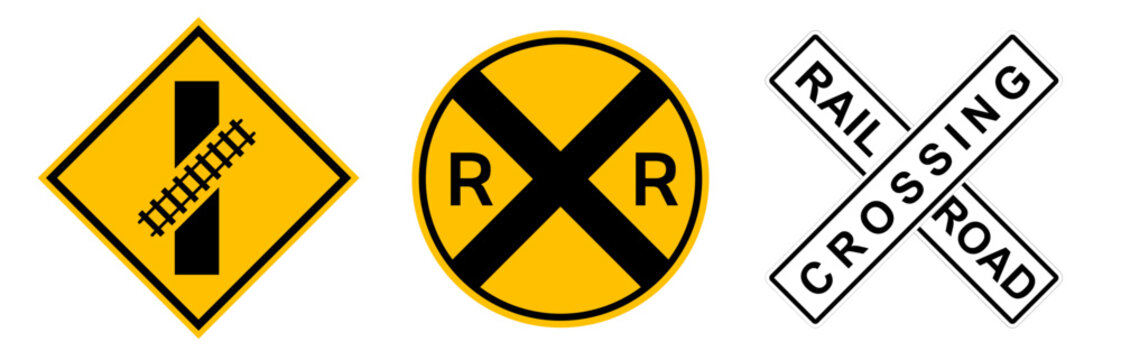 yellow railroad crossing sign. railway crossing. train rr crossing sign. railroad crossbuck. railroad advance warning sign
