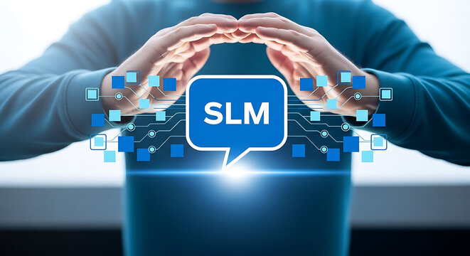 SLM acronym representing innovation and digital transformation with technological advancements and data visualization