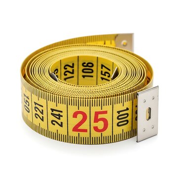 Yellow measuring tape coiled neatly on white background