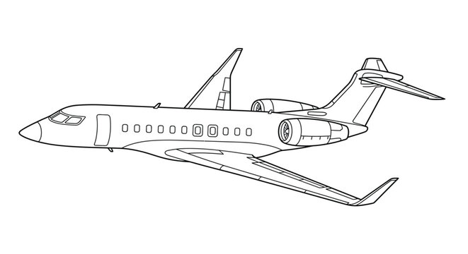 Line art illustration of a private jet in flight side view