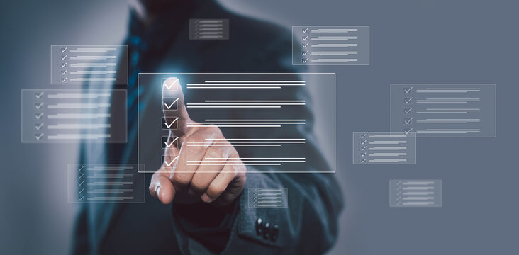 Business checklist concept with businessman selecting digital task list interface, project management, workflow optimization, quality control, productivity planning, and performance tracking system.
