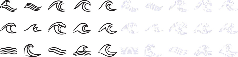 Fototapeta premium Collection of black and blue wave line water ocean