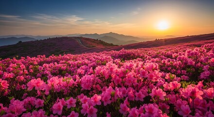 Obraz premium Pink flowers blanket rolling hills at sunset