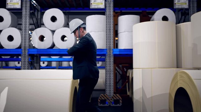 Side View of Asian Businessman Walking, Checking Time in Watch at Warehouse with Rows of Stacked White Polymer and Paper Rolls