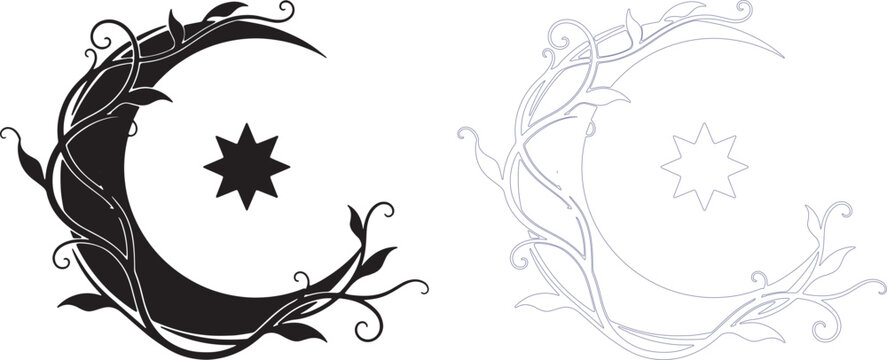 Crescent shaped vine wrapping star silhouettes black