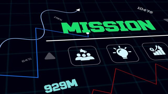 Mission-driven business growth and corporate objective analytics visualized on a high tech digital monitor screen interface