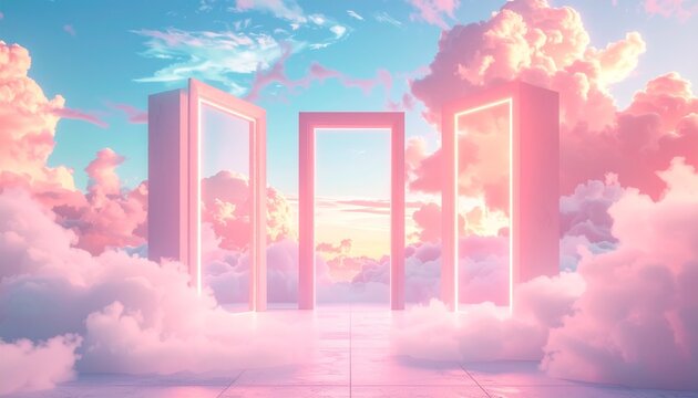 cA surreal and ethereal landscape featuring three glowing rectangular portals or doorways standing amidst a sea of soft, fluffy pink and white clouds. The scene is bathed in a warm, dreamlike sunset g