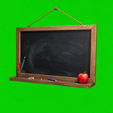 A wooden-framed blackboard with school supplies on a green background